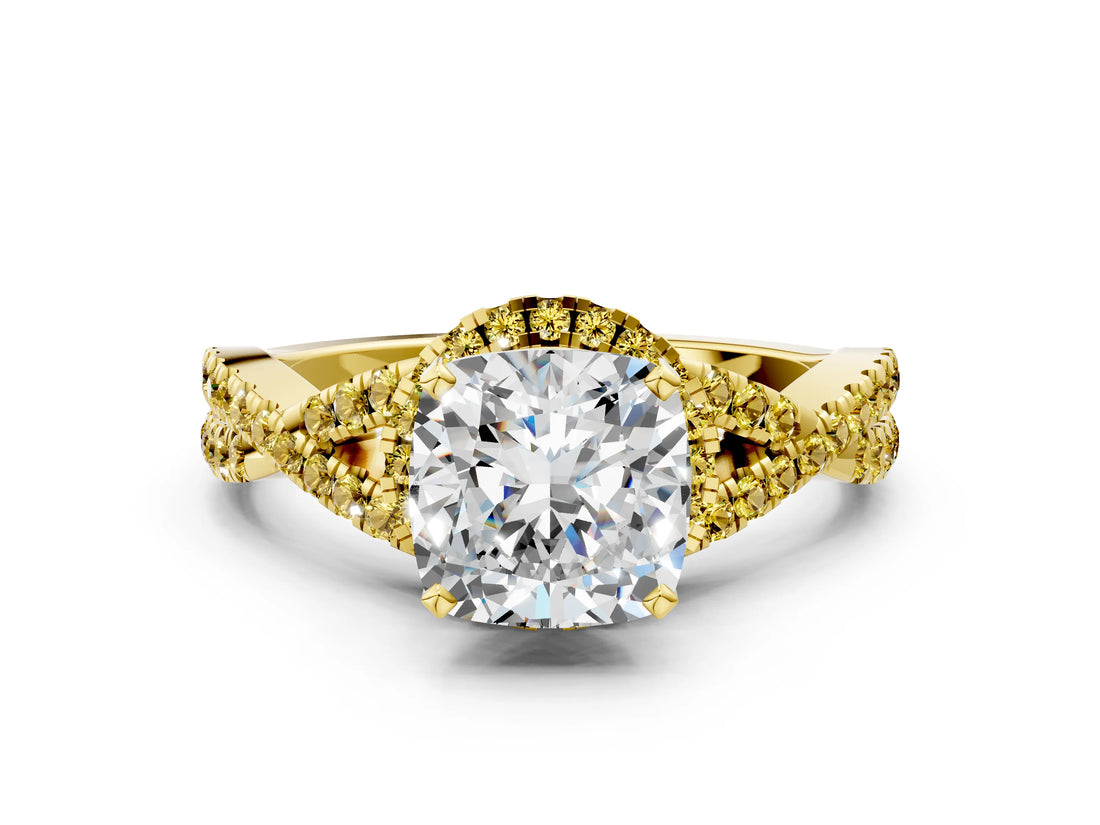 Yellow gold Cushion Cut Diamond with Yellow Sapphire side stone Halo Twist Band Solitaire Prong Setting Ring_36