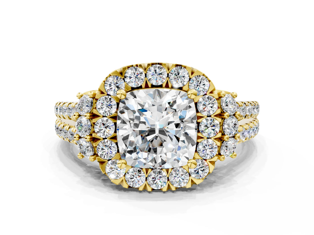 Yellow gold Cushion Cut Double Halo Diamond Engagement Ring with Pave Band and Four-Prong Setting_25