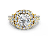 Yellow gold Cushion Cut Double Halo Diamond Engagement Ring with Pave Band and Four-Prong Setting_25