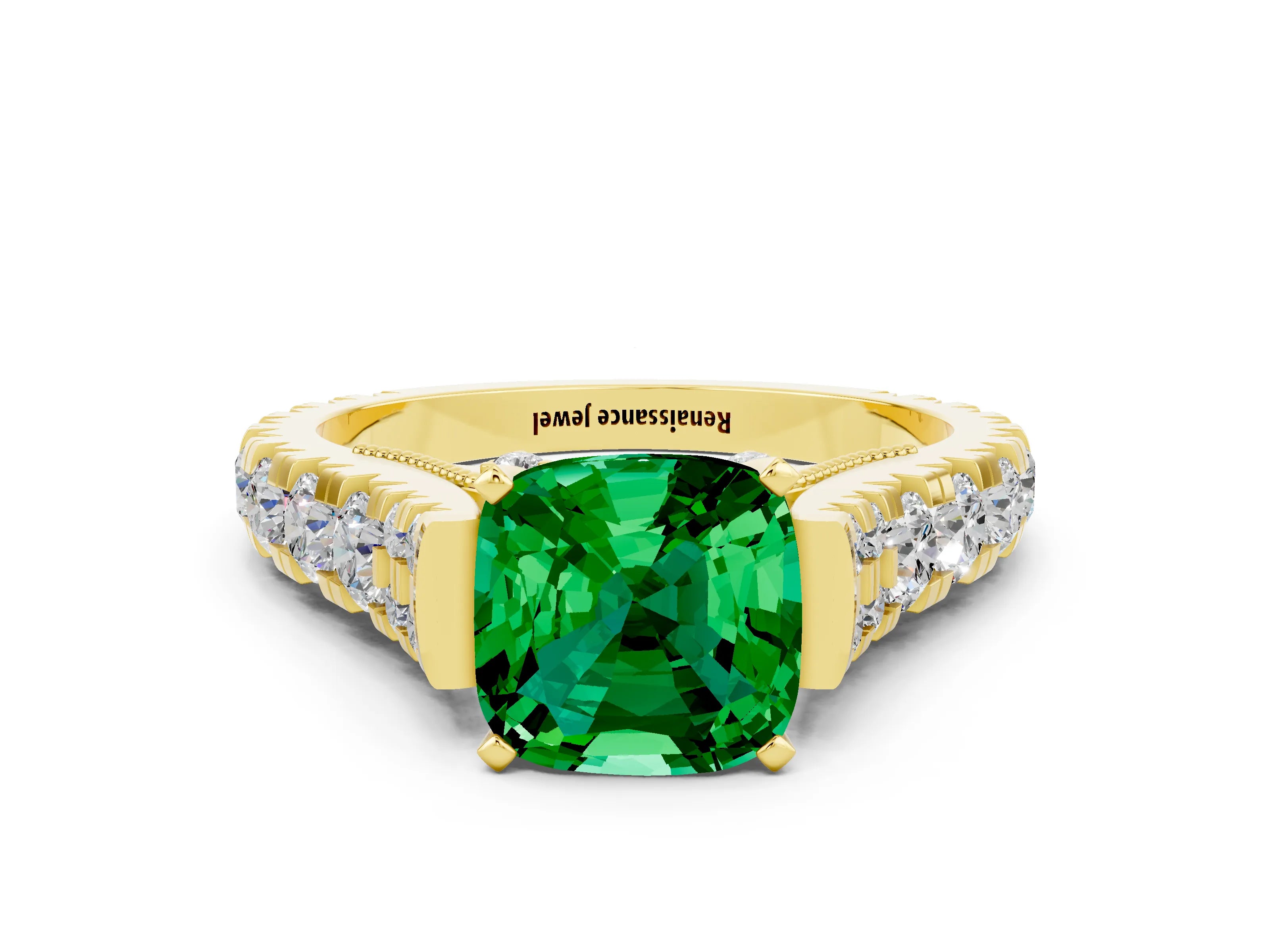 Yellow gold Cushion Cut Emerald Classic Solitaire Ring with Pavé Band and Four-Prong Setting