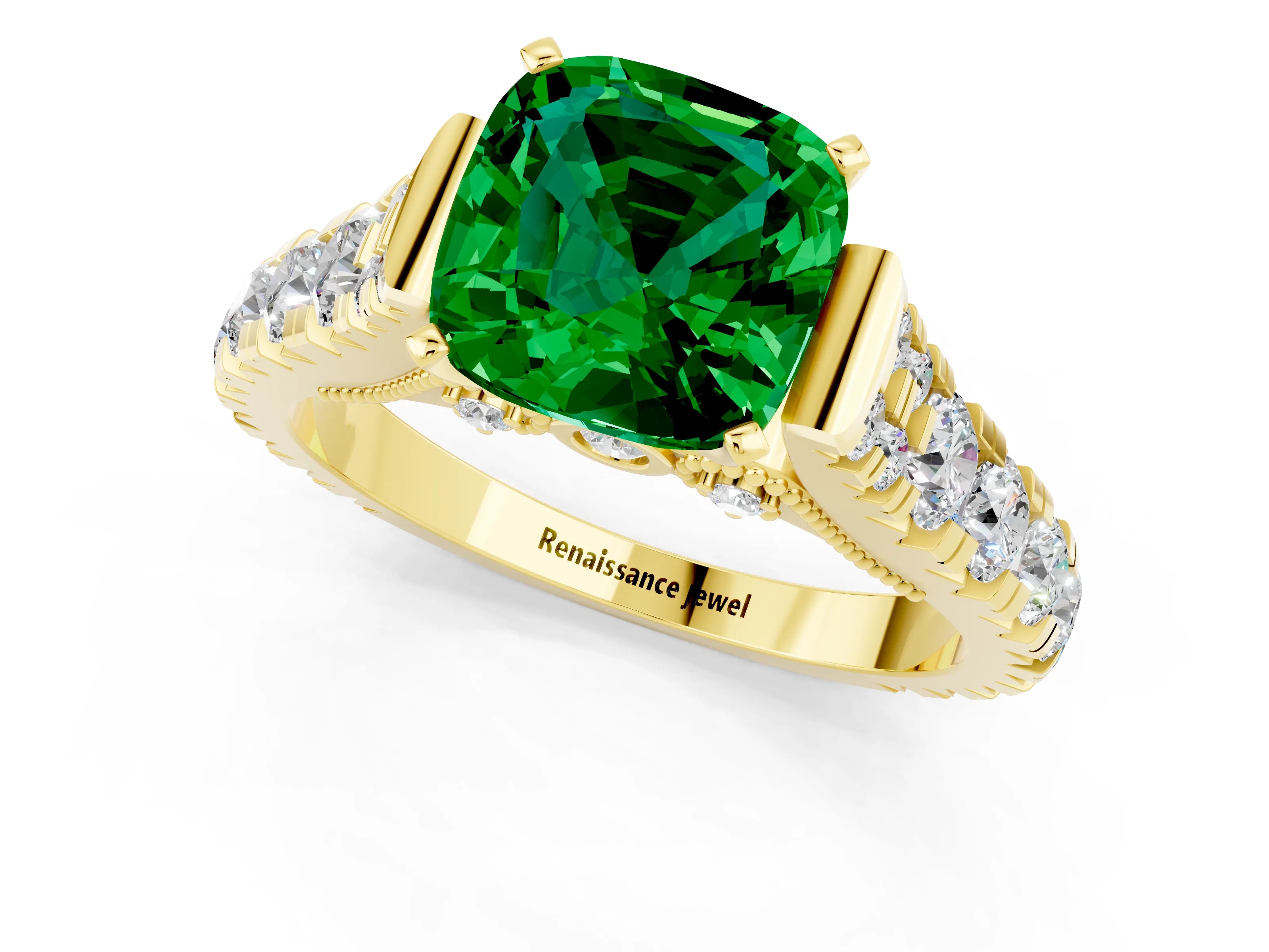 Yellow gold Cushion Cut Emerald Classic Solitaire Ring with Pavé Band and Four-Prong Setting_1