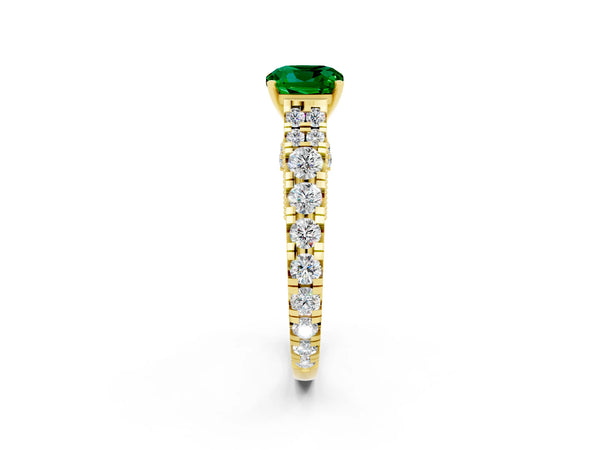 Yellow gold Cushion Cut Emerald Classic Solitaire Ring with Pavé Band and Four-Prong Setting