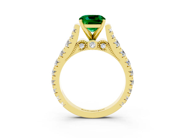 Yellow gold Cushion Cut Emerald Classic Solitaire Ring with Pavé Band and Four-Prong Setting