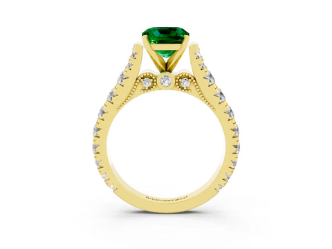Yellow gold Cushion Cut Emerald Classic Solitaire Ring with Pavé Band and Four-Prong Setting_3