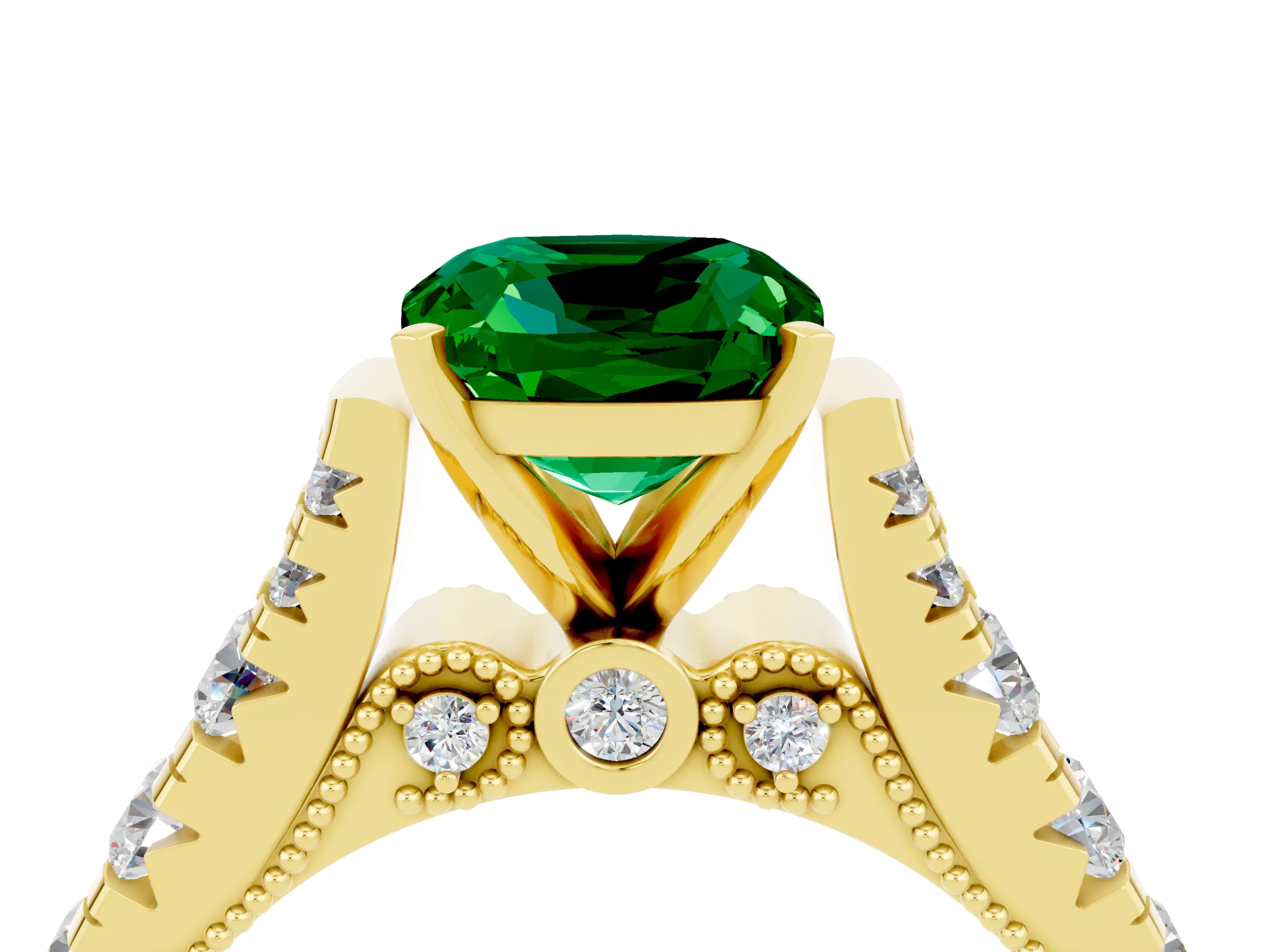 Yellow gold Cushion Cut Emerald Classic Solitaire Ring with Pavé Band and Four-Prong Setting_4