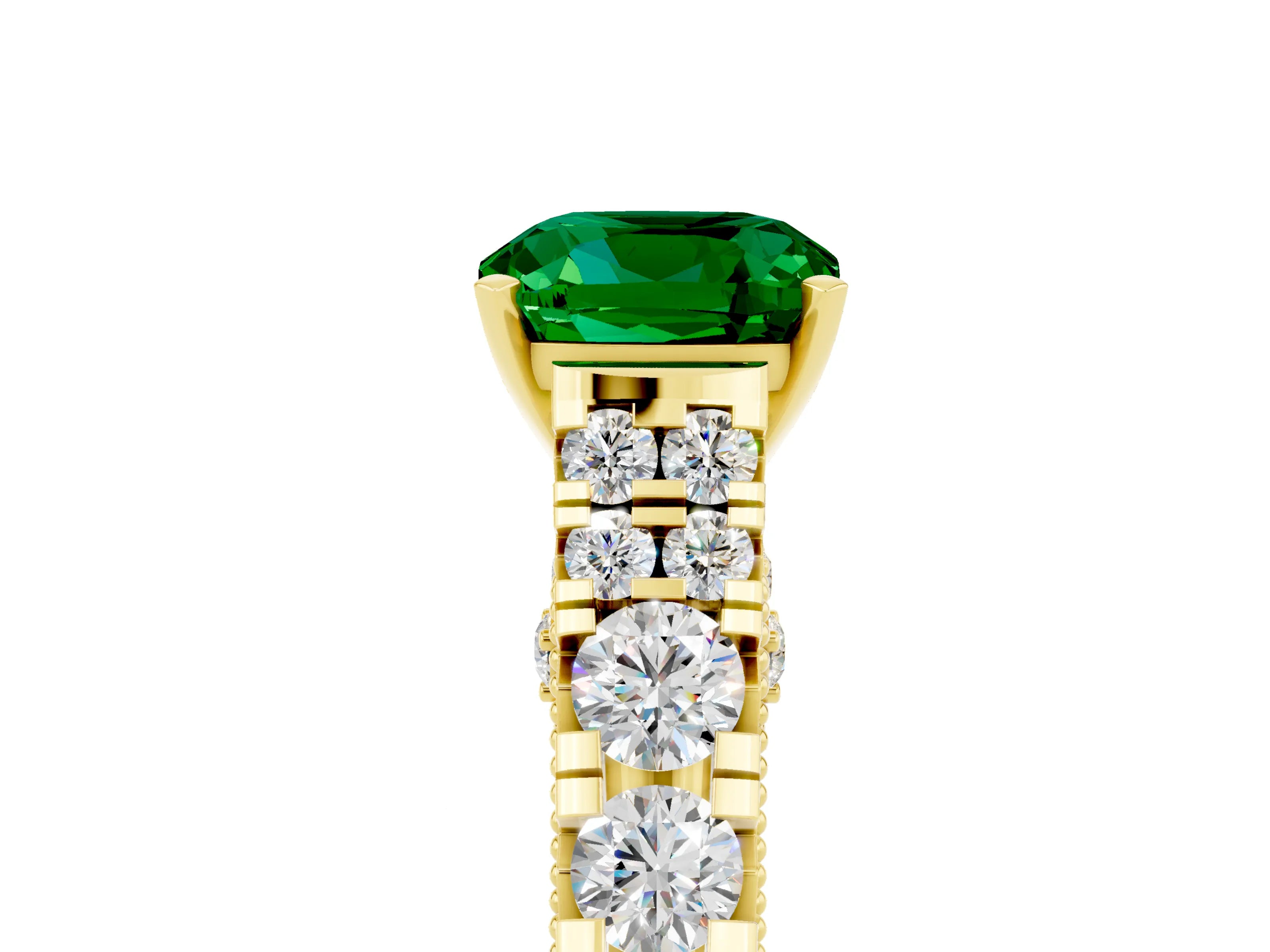 Yellow gold Cushion Cut Emerald Classic Solitaire Ring with Pavé Band and Four-Prong Setting_5