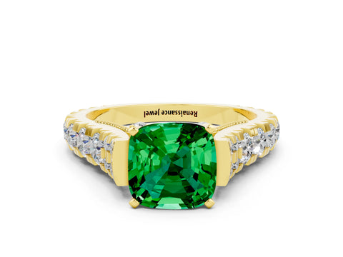 Yellow gold Cushion Cut Emerald Classic Solitaire Ring with Pavé Band and Four-Prong Setting