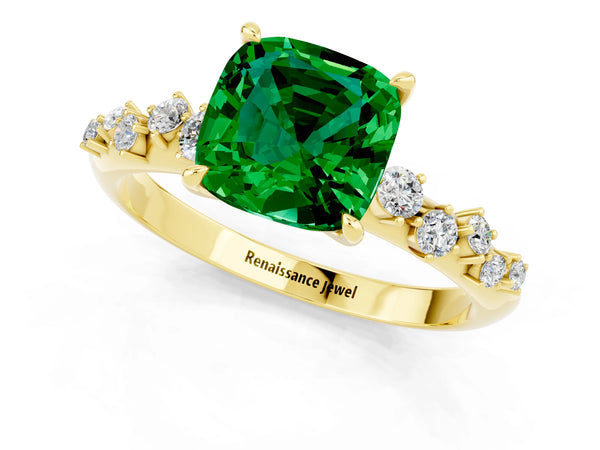 Yellow gold Cushion Cut Emerald Cluster Side Stone Solitaire Ring with Prong Setting