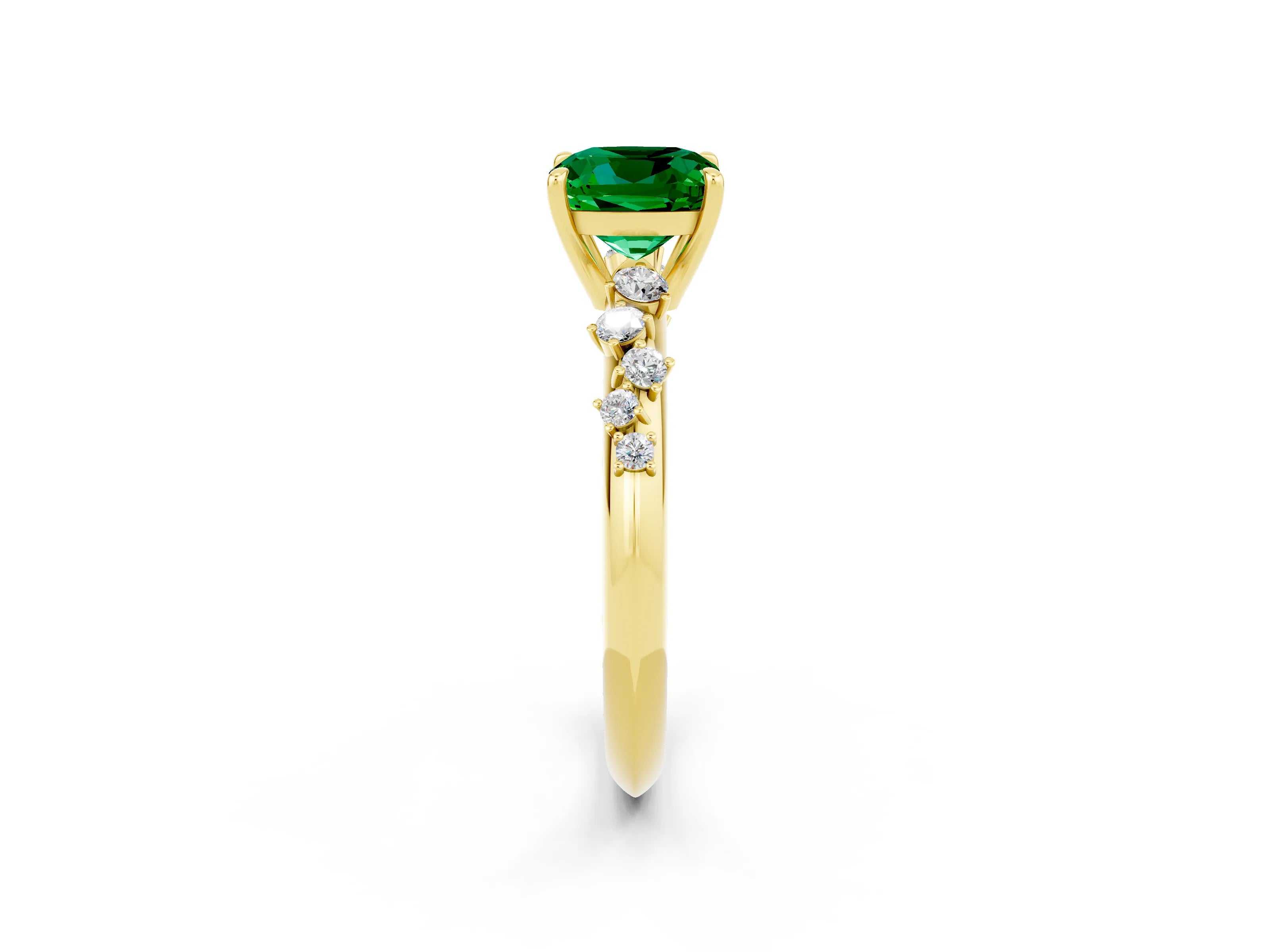 Yellow gold Cushion Cut Emerald Cluster Side Stone Solitaire Ring with Prong Setting_26