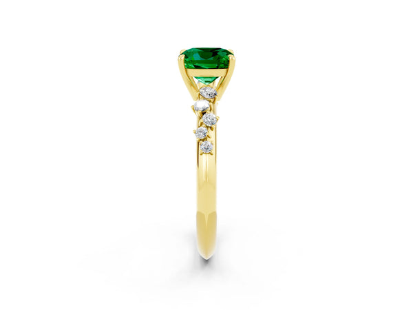 Yellow gold Cushion Cut Emerald Cluster Side Stone Solitaire Ring with Prong Setting