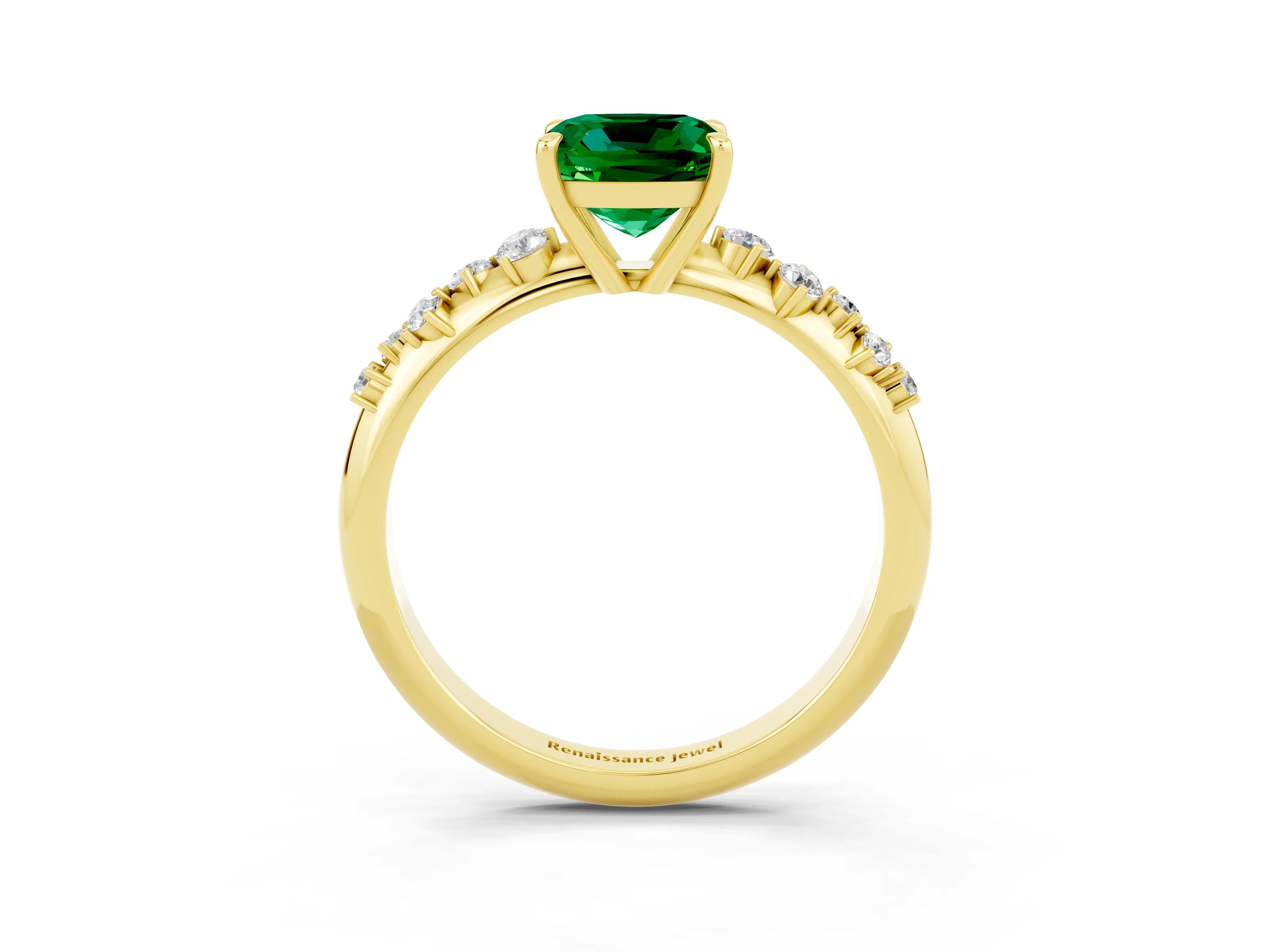 Yellow gold Cushion Cut Emerald Cluster Side Stone Solitaire Ring with Prong Setting_27