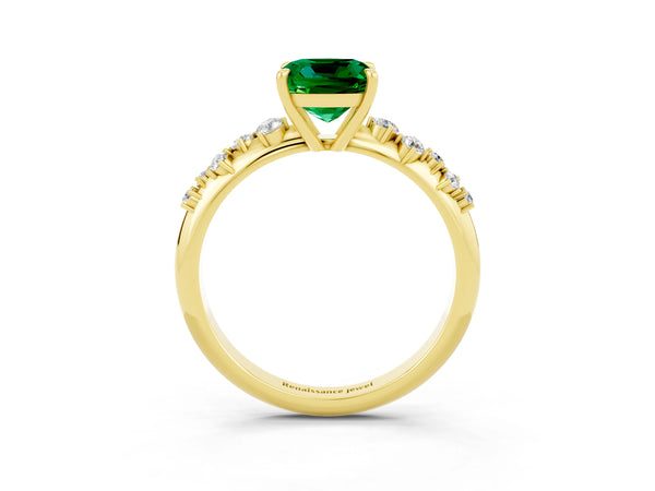 Yellow gold Cushion Cut Emerald Cluster Side Stone Solitaire Ring with Prong Setting