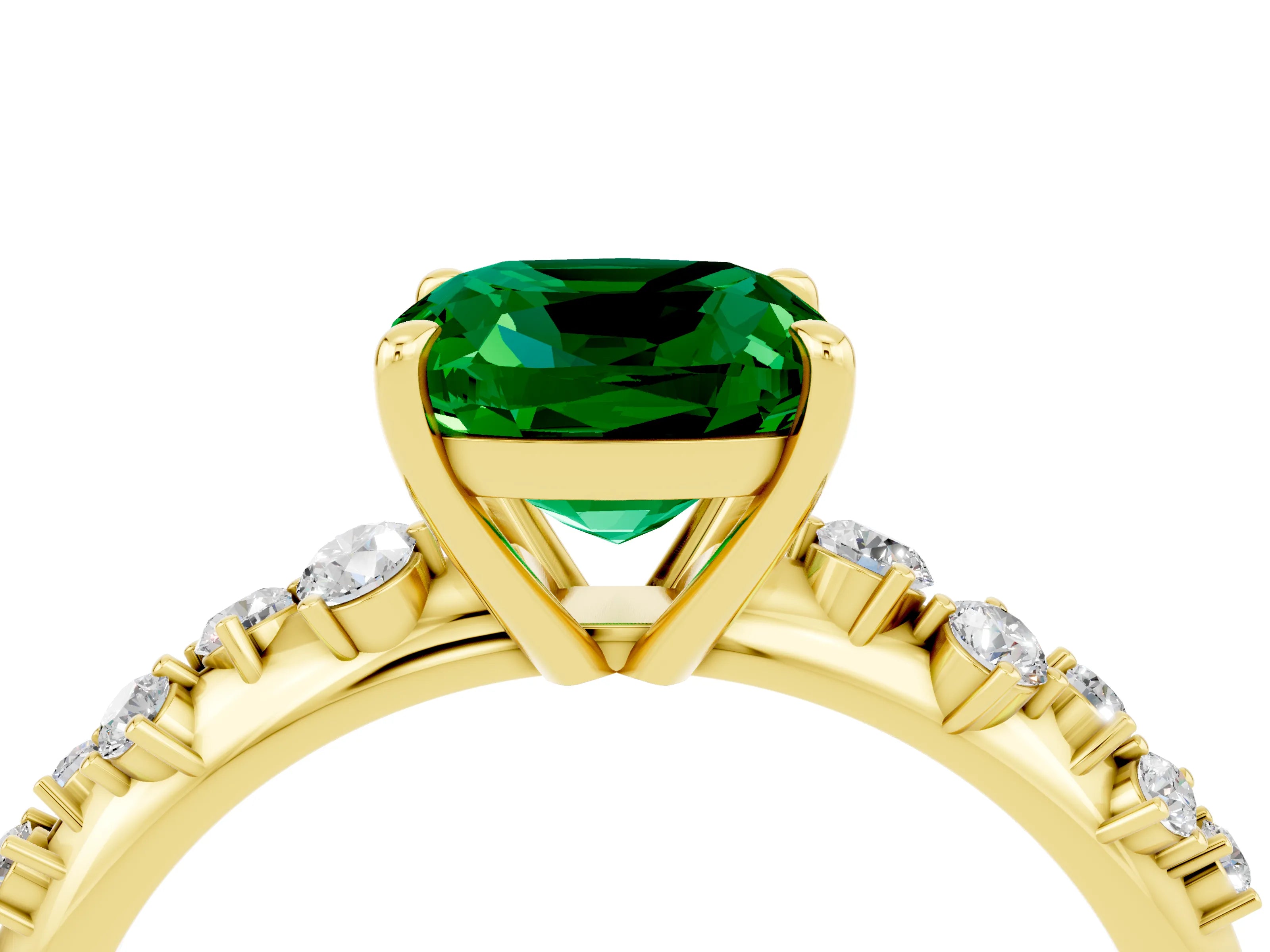 Yellow gold Cushion Cut Emerald Cluster Side Stone Solitaire Ring with Prong Setting_28
