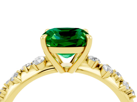Yellow gold Cushion Cut Emerald Cluster Side Stone Solitaire Ring with Prong Setting_28