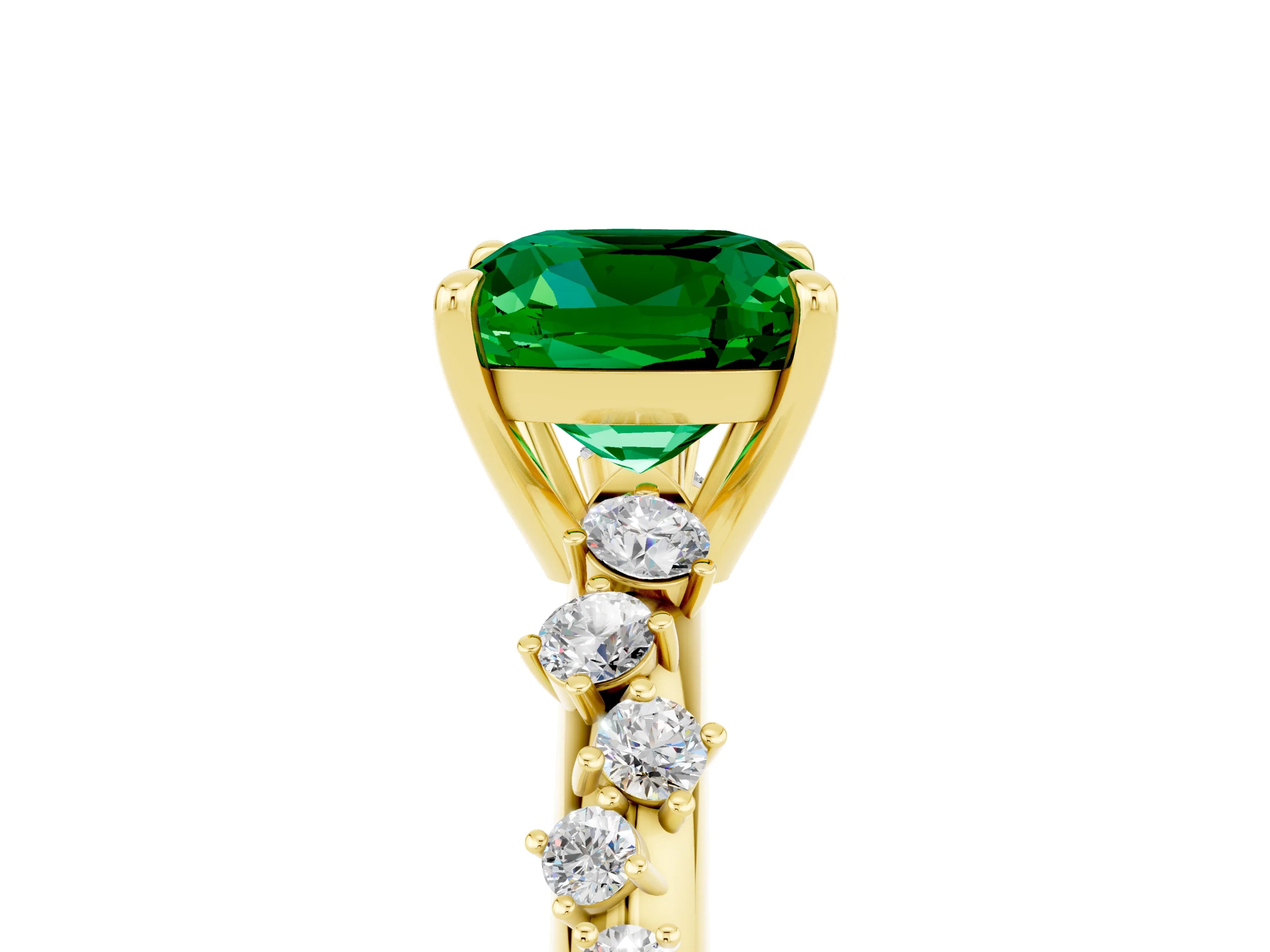 Yellow gold Cushion Cut Emerald Cluster Side Stone Solitaire Ring with Prong Setting_29