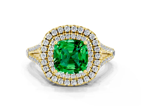 Yellow gold Cushion Cut Emerald Double Halo Ring with Pavé Band and Prong Setting_12