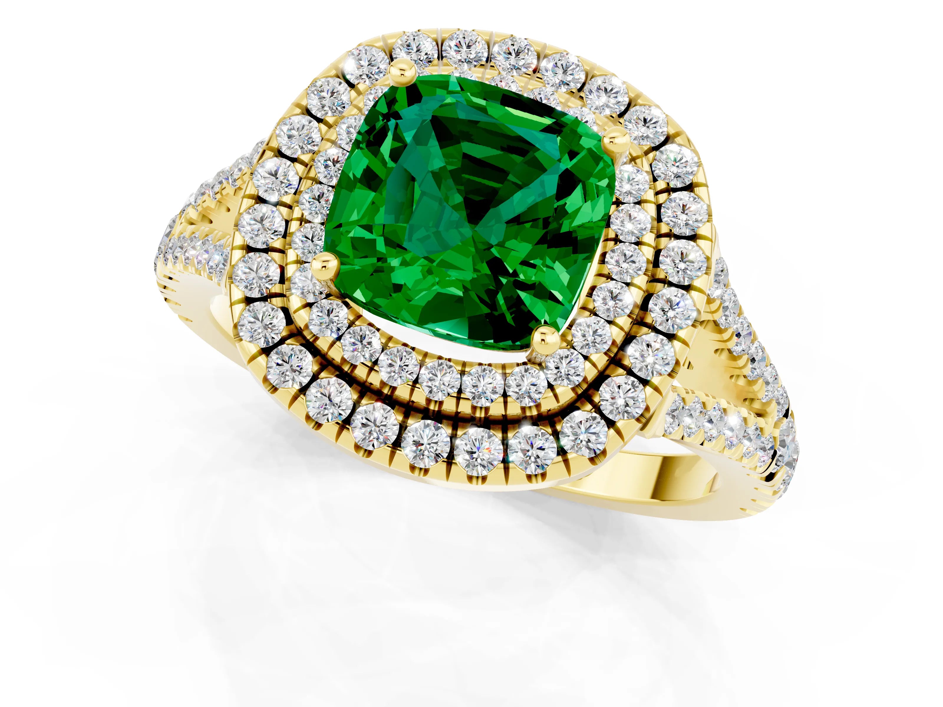 Yellow gold Cushion Cut Emerald Double Halo Ring with Pavé Band and Prong Setting_13