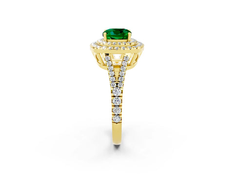Yellow gold Cushion Cut Emerald Double Halo Ring with Pavé Band and Prong Setting_14