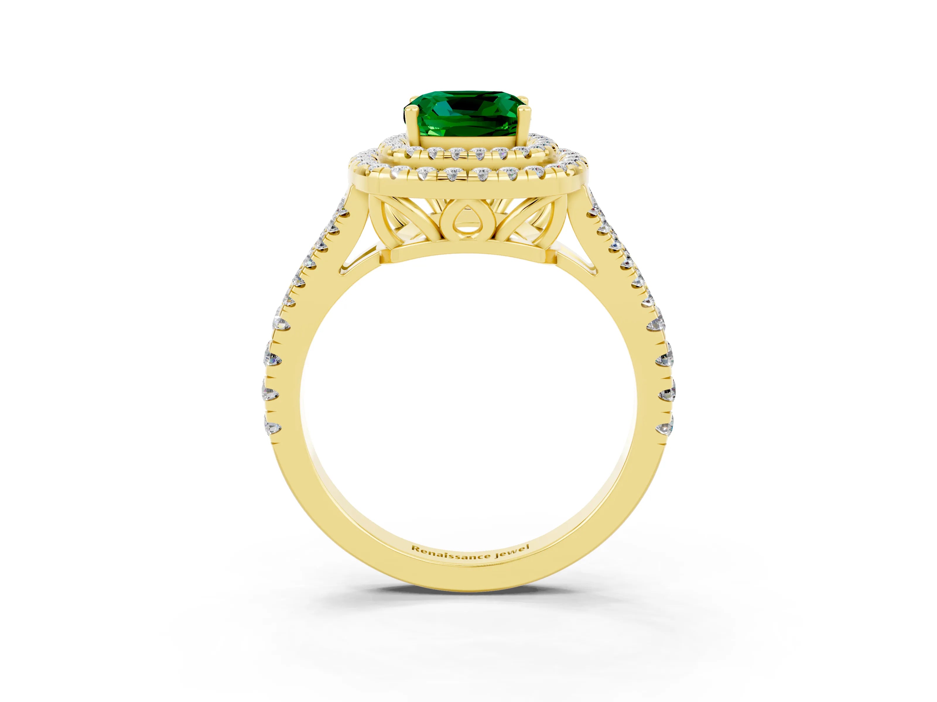 Yellow gold Cushion Cut Emerald Double Halo Ring with Pavé Band and Prong Setting_15