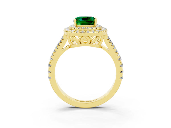 Yellow gold Cushion Cut Emerald Double Halo Ring with Pavé Band and Prong Setting