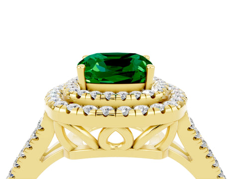 Yellow gold Cushion Cut Emerald Double Halo Ring with Pavé Band and Prong Setting_16