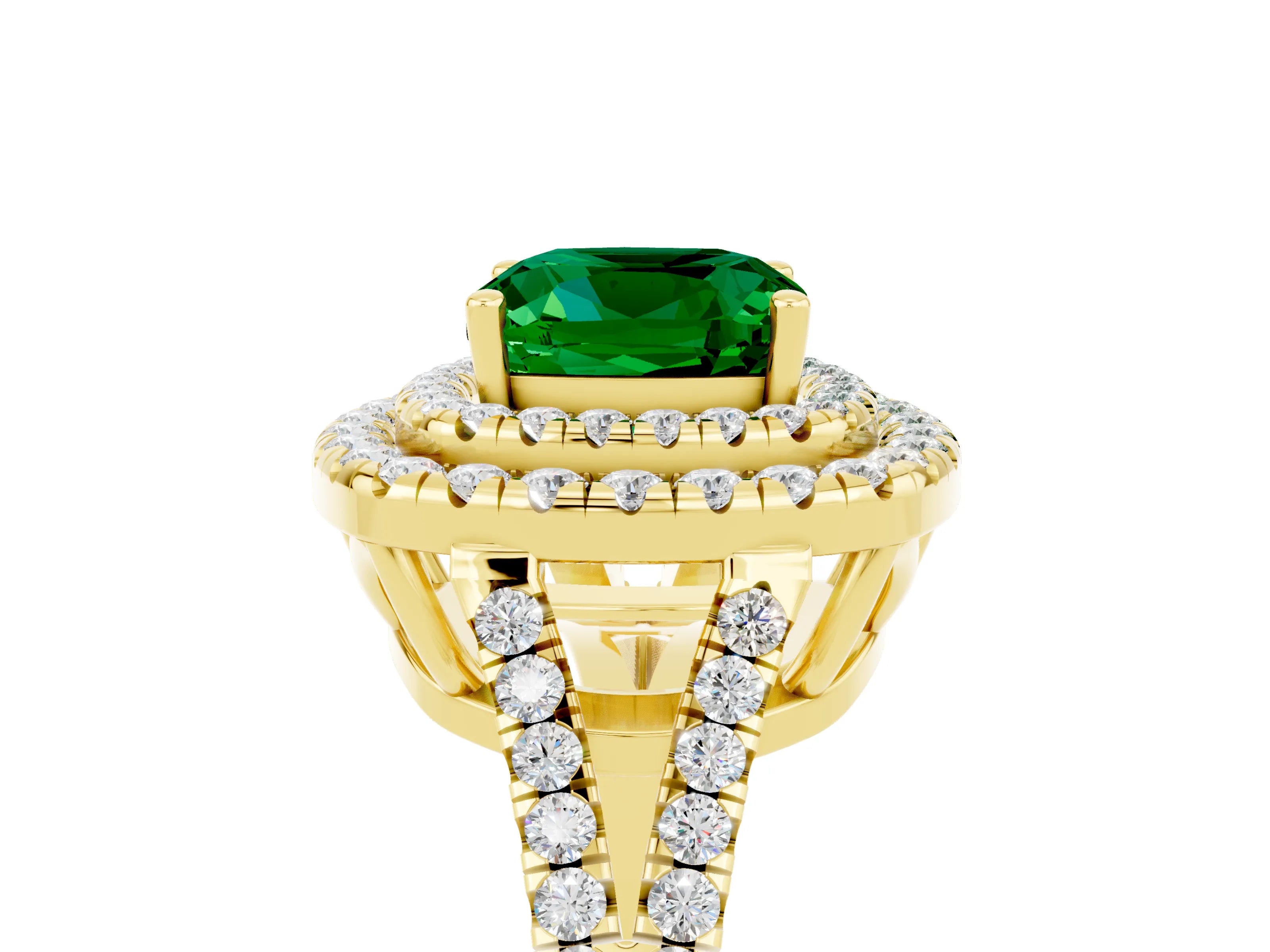 Yellow gold Cushion Cut Emerald Double Halo Ring with Pavé Band and Prong Setting_17