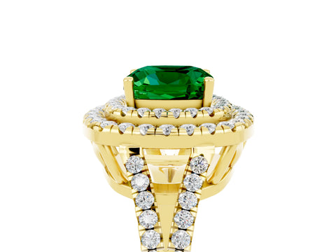 Yellow gold Cushion Cut Emerald Double Halo Ring with Pavé Band and Prong Setting_17