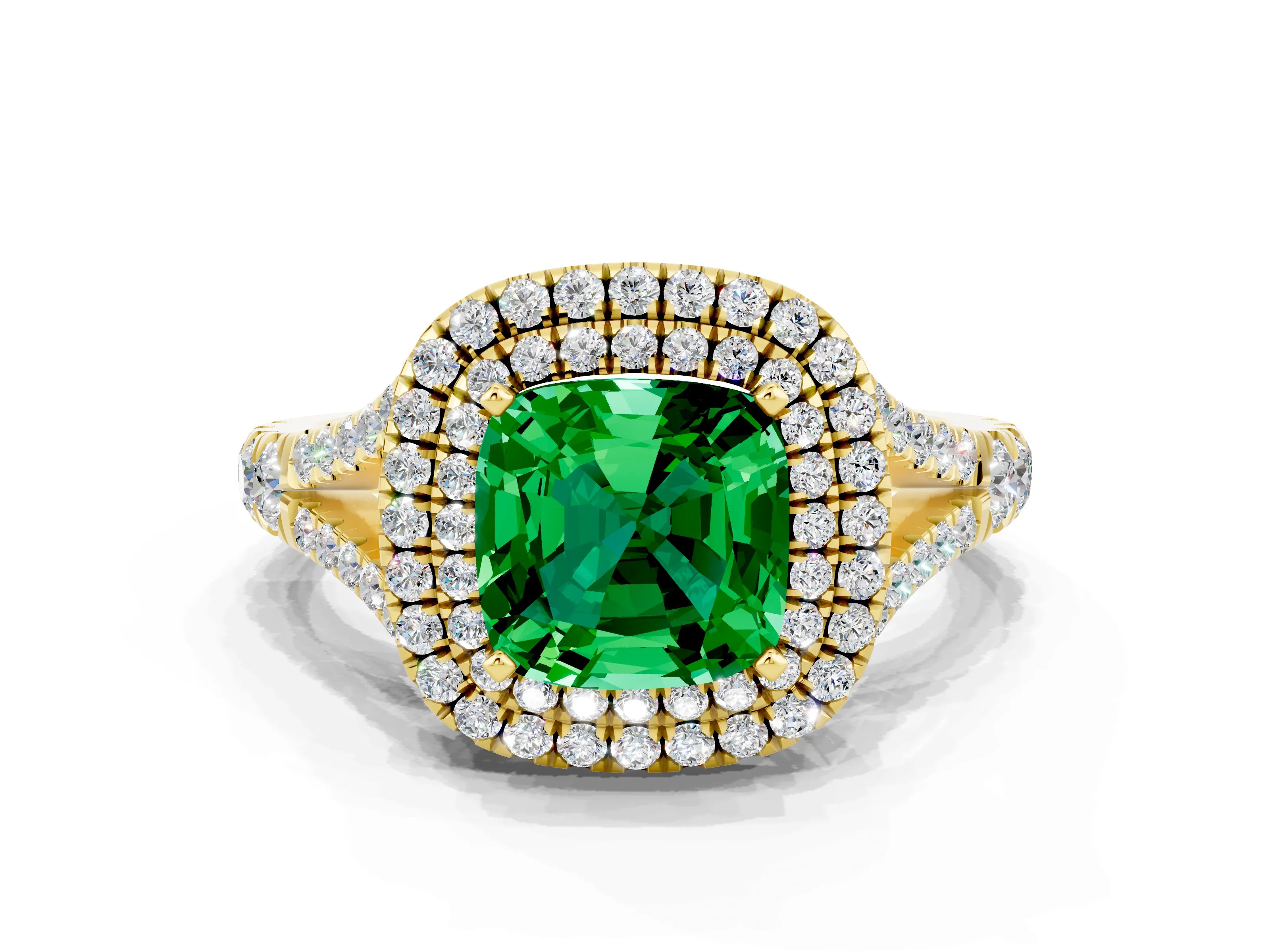 Yellow gold Cushion Cut Emerald Double Halo Ring with Split Shank and Prong Setting_12