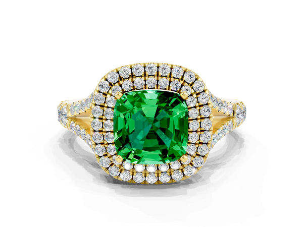 Yellow gold Cushion Cut Emerald Double Halo Ring with Split Shank and Prong Setting