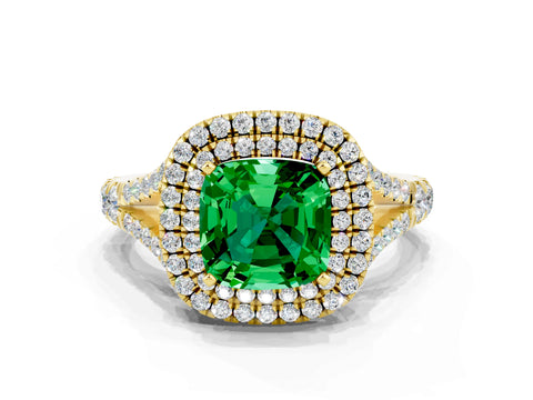 Yellow gold Cushion Cut Emerald Double Halo Ring with Split Shank and Prong Setting_12