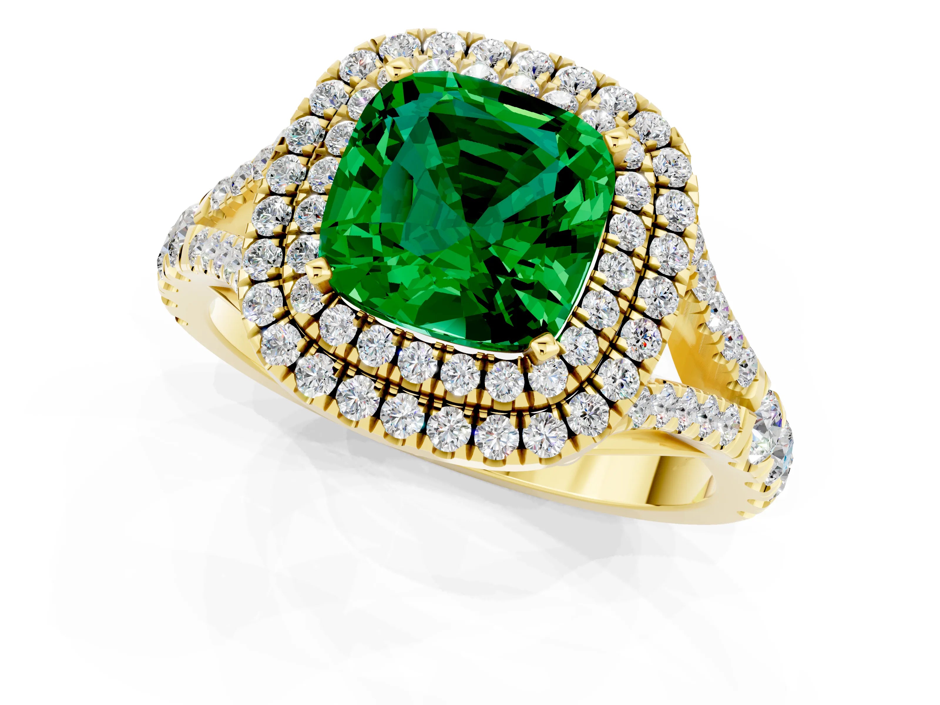Yellow gold Cushion Cut Emerald Double Halo Ring with Split Shank and Prong Setting_13