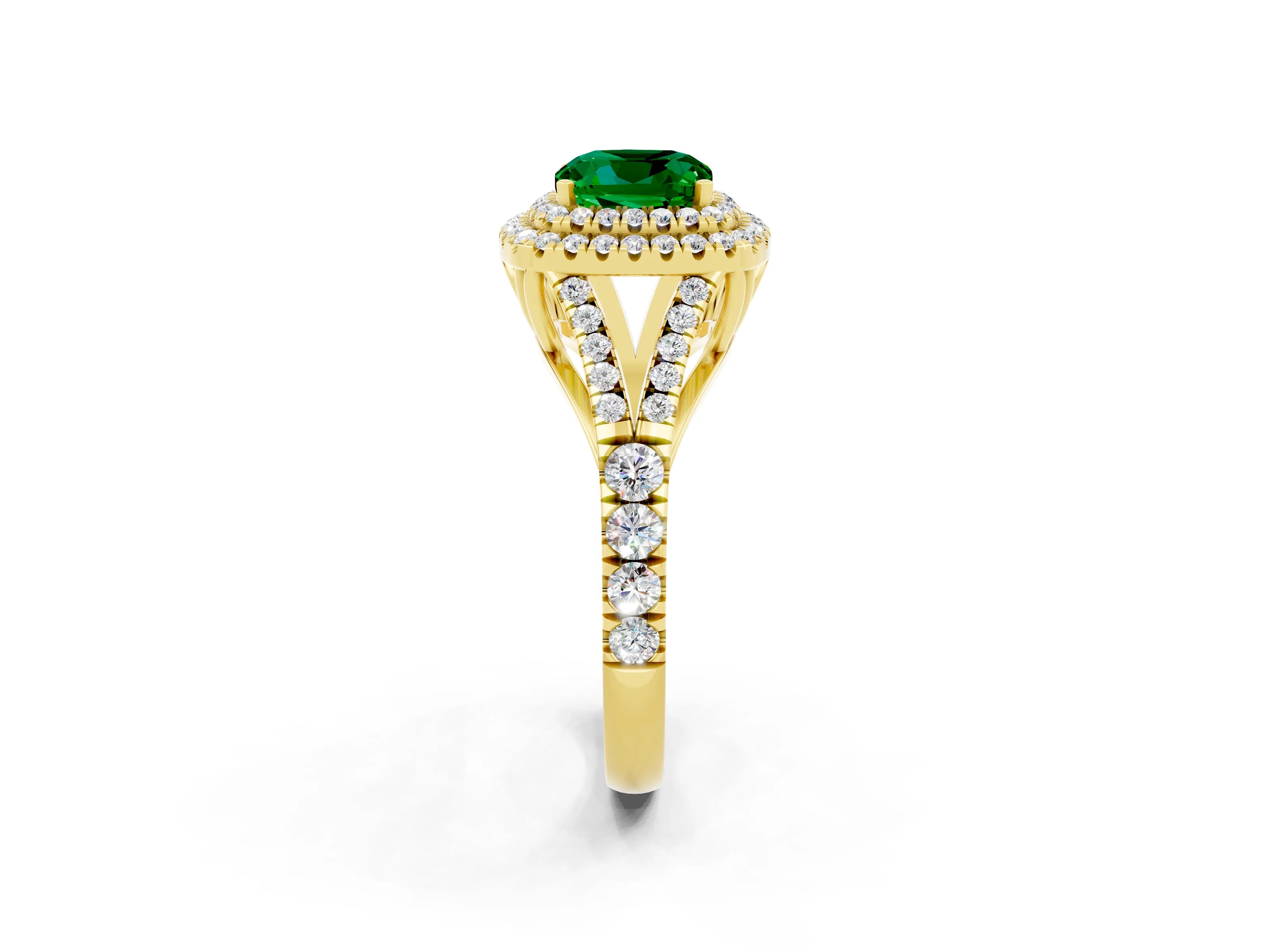 Yellow gold Cushion Cut Emerald Double Halo Ring with Split Shank and Prong Setting_14