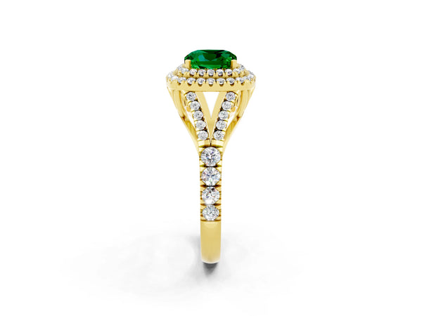 Yellow gold Cushion Cut Emerald Double Halo Ring with Split Shank and Prong Setting