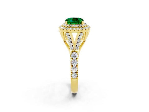 Yellow gold Cushion Cut Emerald Double Halo Ring with Split Shank and Prong Setting_14