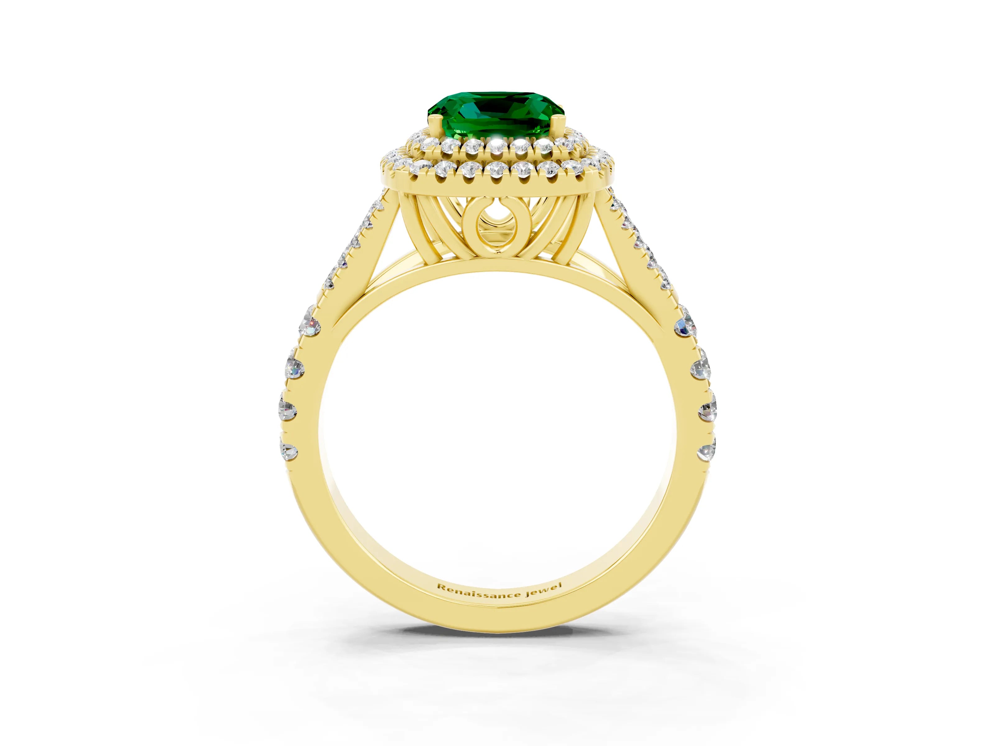 Yellow gold Cushion Cut Emerald Double Halo Ring with Split Shank and Prong Setting_15