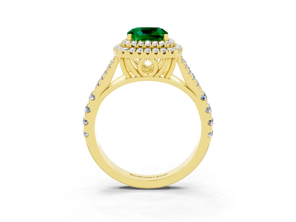 Yellow gold Cushion Cut Emerald Double Halo Ring with Split Shank and Prong Setting
