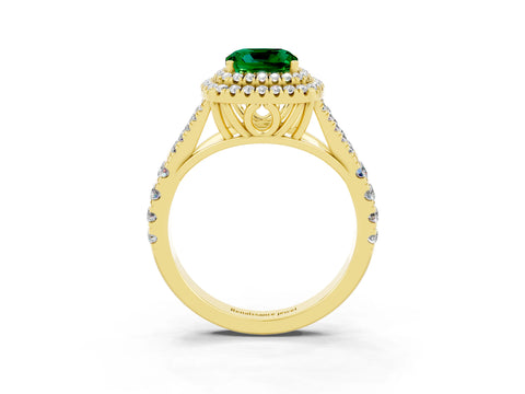 Yellow gold Cushion Cut Emerald Double Halo Ring with Split Shank and Prong Setting_15