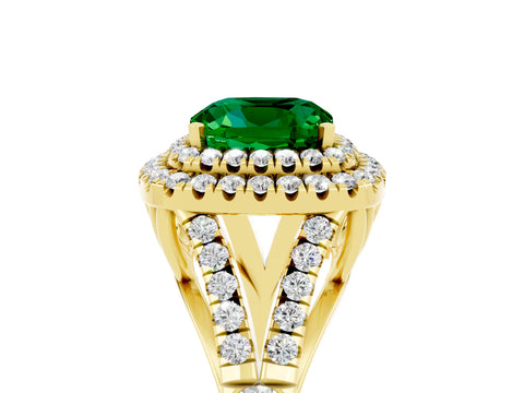 Yellow gold Cushion Cut Emerald Double Halo Ring with Split Shank and Prong Setting_17
