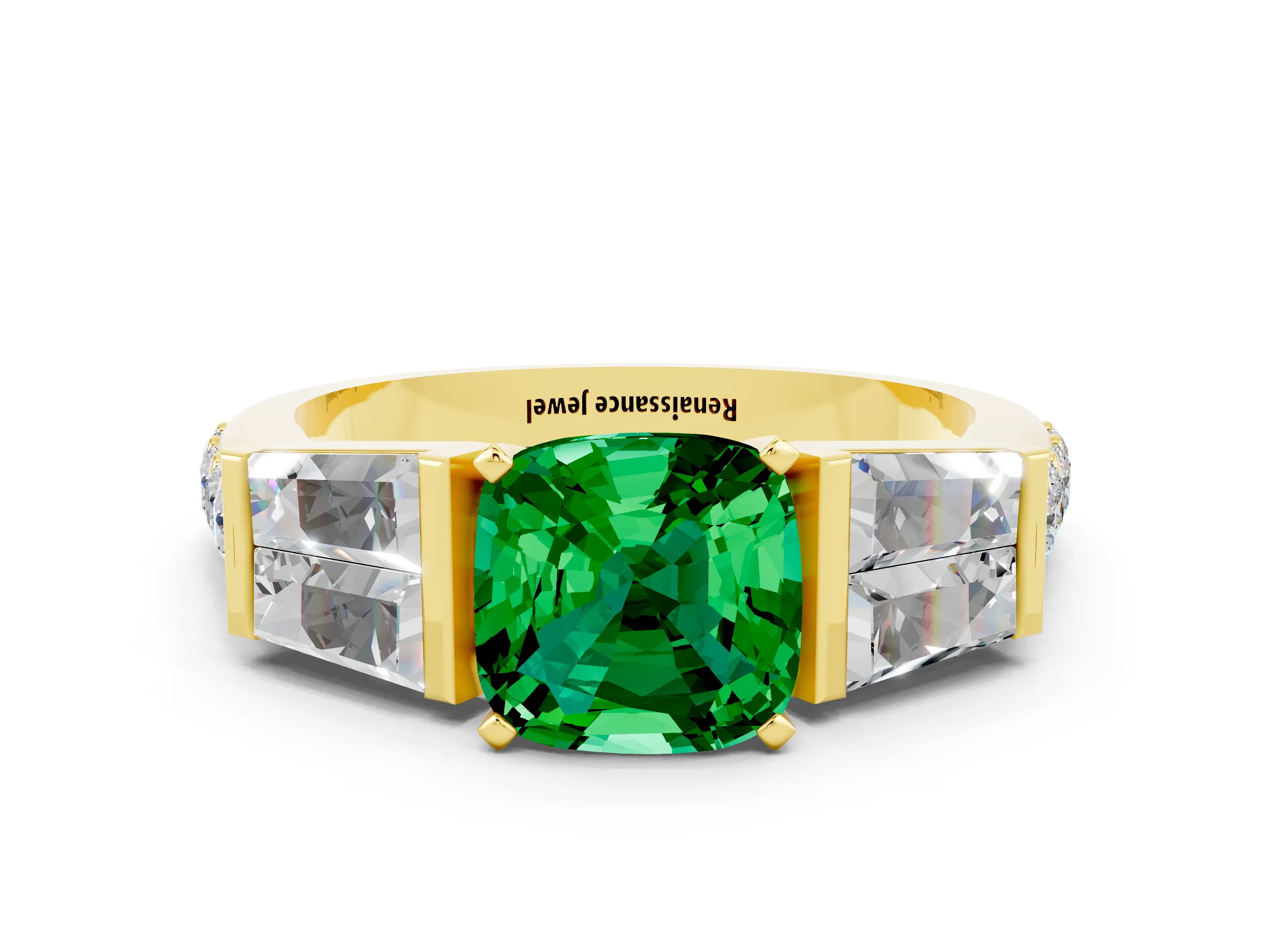 Yellow gold Cushion Cut Emerald Engagement Ring with Baguette Side Stones and Channel Set Band