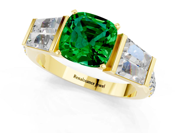 Yellow gold Cushion Cut Emerald Engagement Ring with Baguette Side Stones and Channel Set Band