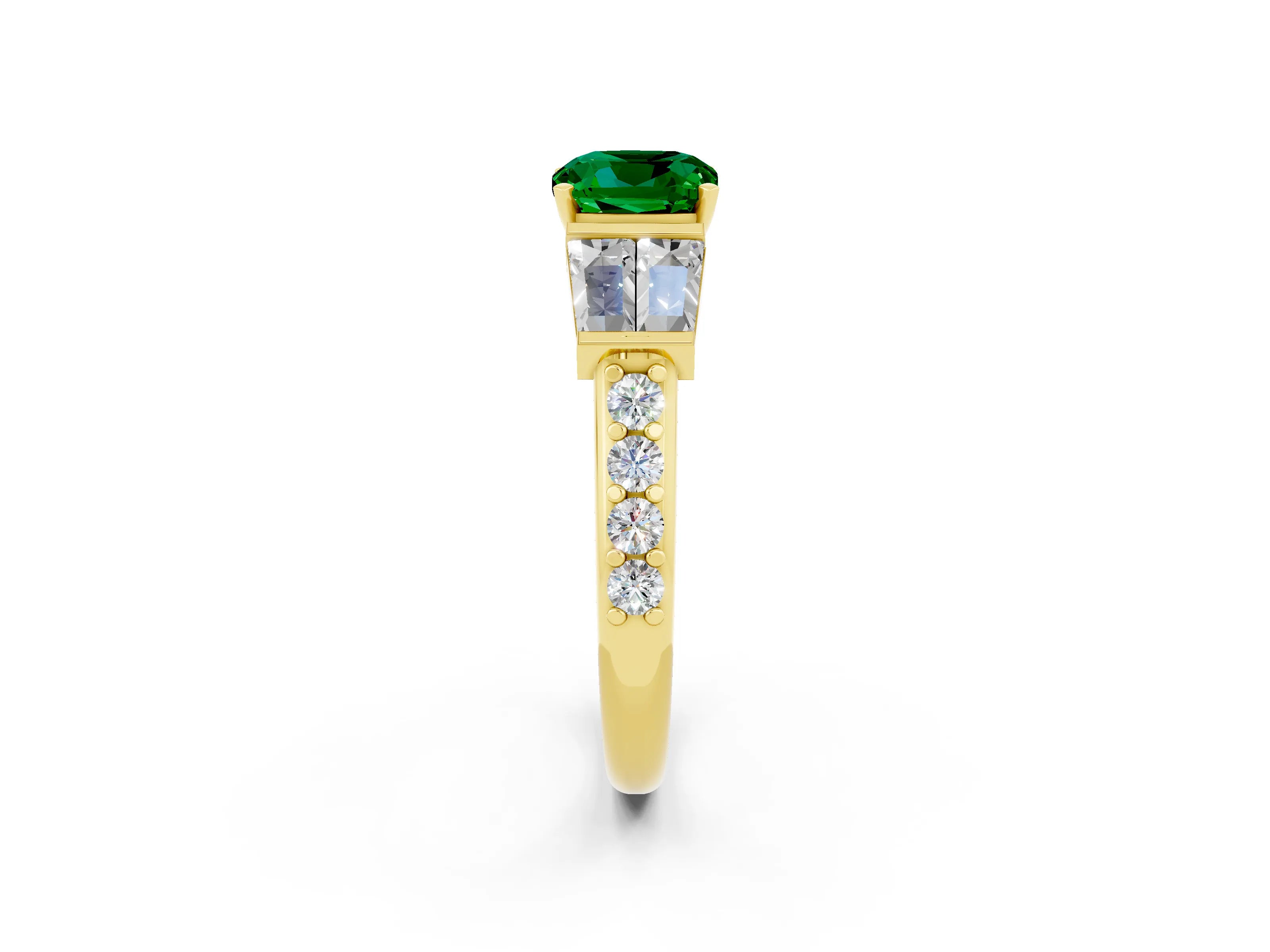 Yellow gold Cushion Cut Emerald Engagement Ring with Baguette Side Stones and Channel Set Band_2