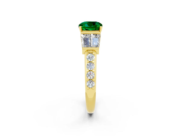 Yellow gold Cushion Cut Emerald Engagement Ring with Baguette Side Stones and Channel Set Band