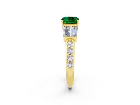 Yellow gold Cushion Cut Emerald Engagement Ring with Baguette Side Stones and Channel Set Band_2