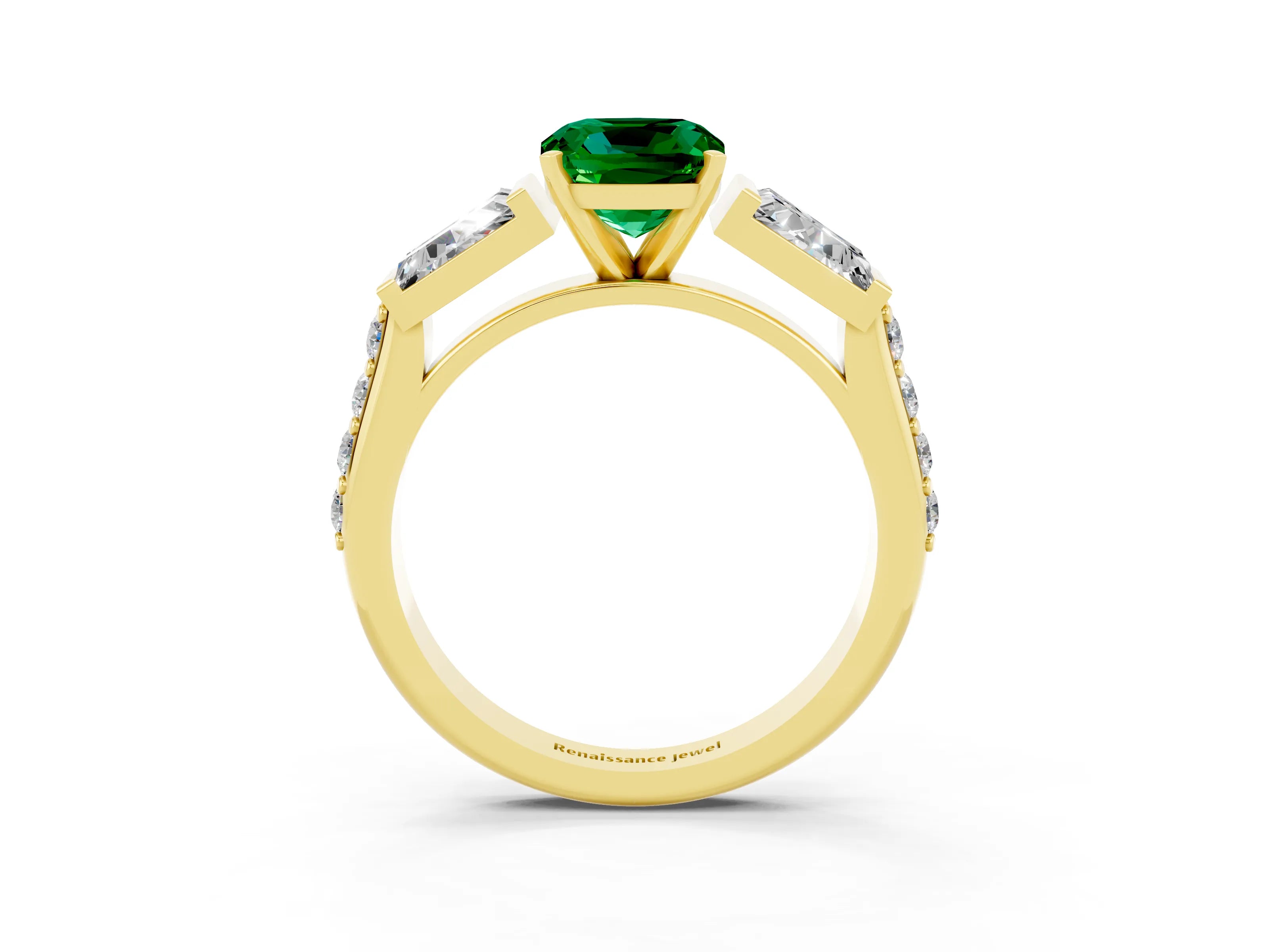 Yellow gold Cushion Cut Emerald Engagement Ring with Baguette Side Stones and Channel Set Band_3