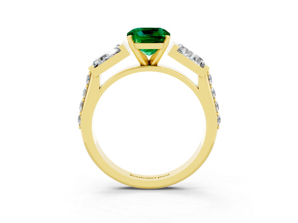 Yellow gold Cushion Cut Emerald Engagement Ring with Baguette Side Stones and Channel Set Band