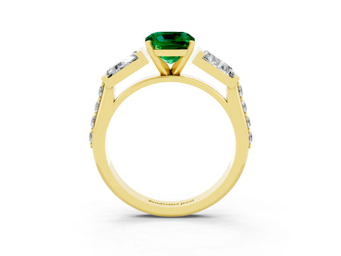 Yellow gold Cushion Cut Emerald Engagement Ring with Baguette Side Stones and Channel Set Band_3