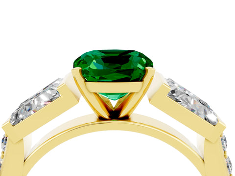 Yellow gold Cushion Cut Emerald Engagement Ring with Baguette Side Stones and Channel Set Band_4