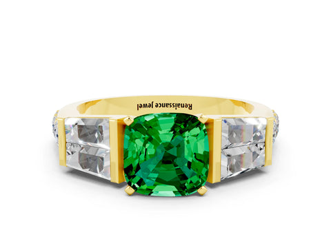 Yellow gold Cushion Cut Emerald Engagement Ring with Baguette Side Stones and Channel Set Band