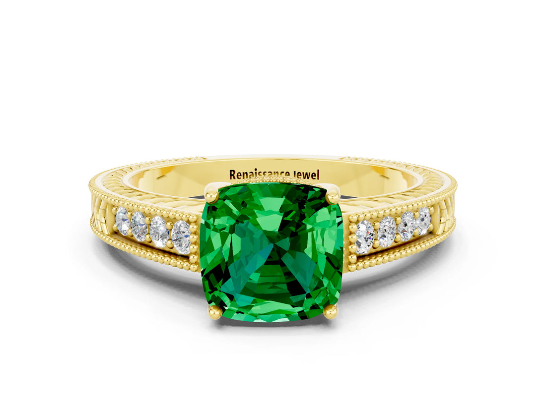 Yellow gold Cushion Cut Emerald Engagement Ring with Milgrain Channel Set Band and Prong Setting