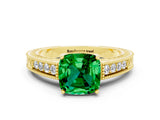 Yellow gold Cushion Cut Emerald Engagement Ring with Milgrain Channel Set Band and Prong Setting